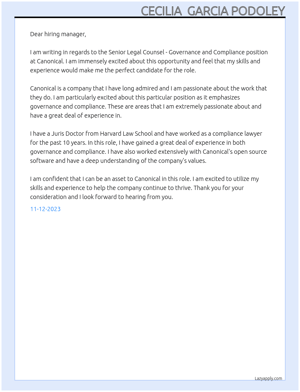 Senior Legal Counsel - Governance and Compliance At Canonical Cover Letter