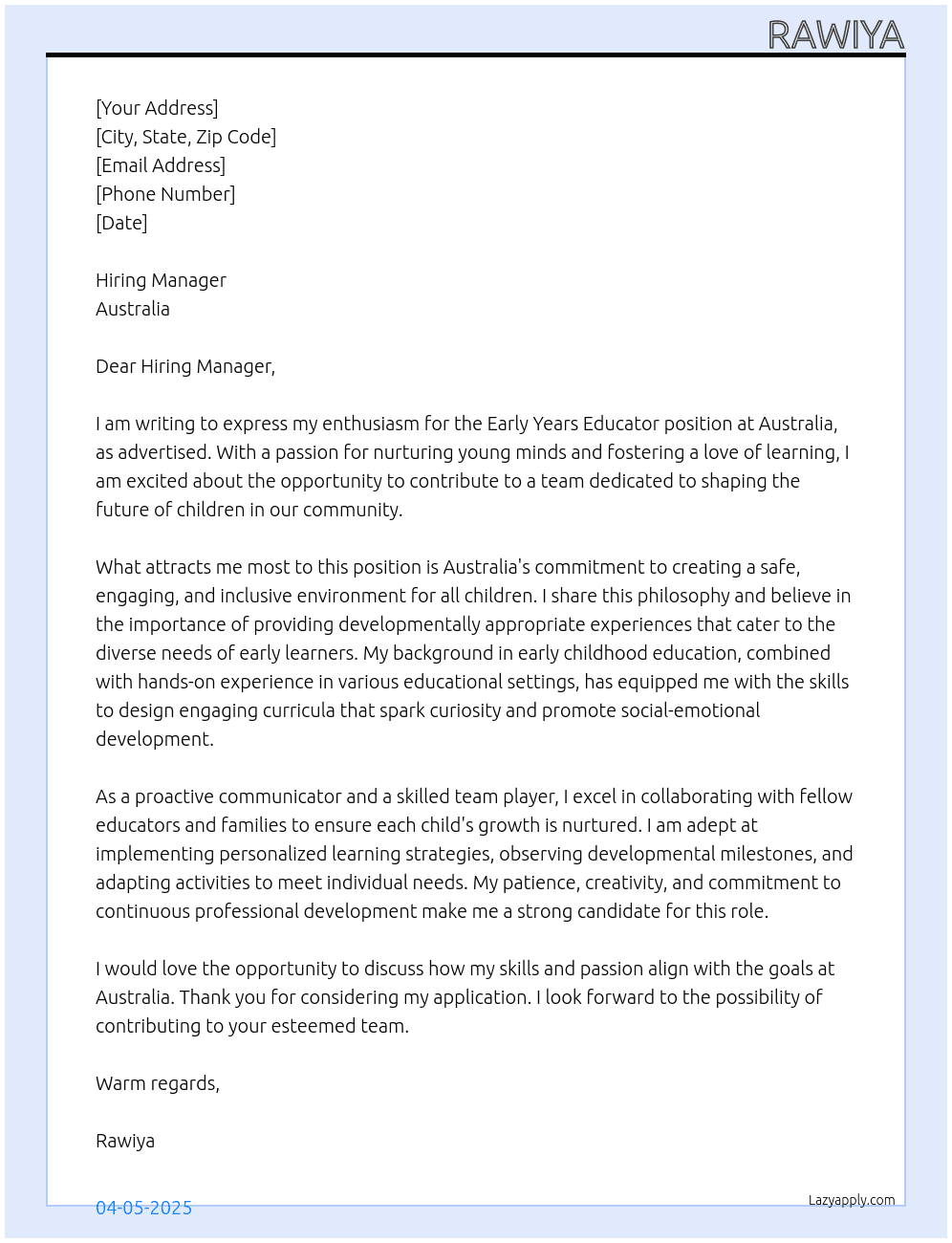 early years educator At australia Cover Letter