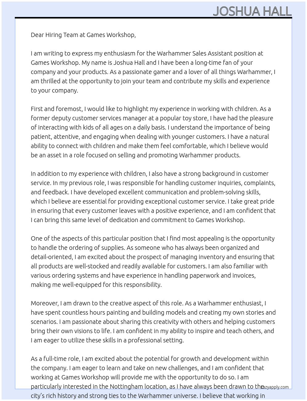 Warhammer Sales Assistant At Games Workshop Cover Letter