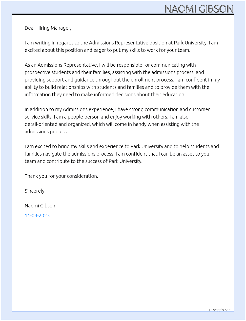 Admissions Representative, Virtual At Park University  Cover Letter