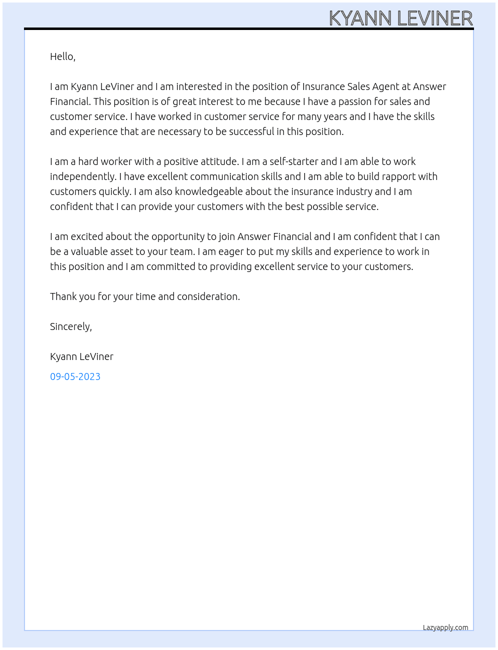 Insurance Sales Agent At Answer Financial Cover Letter