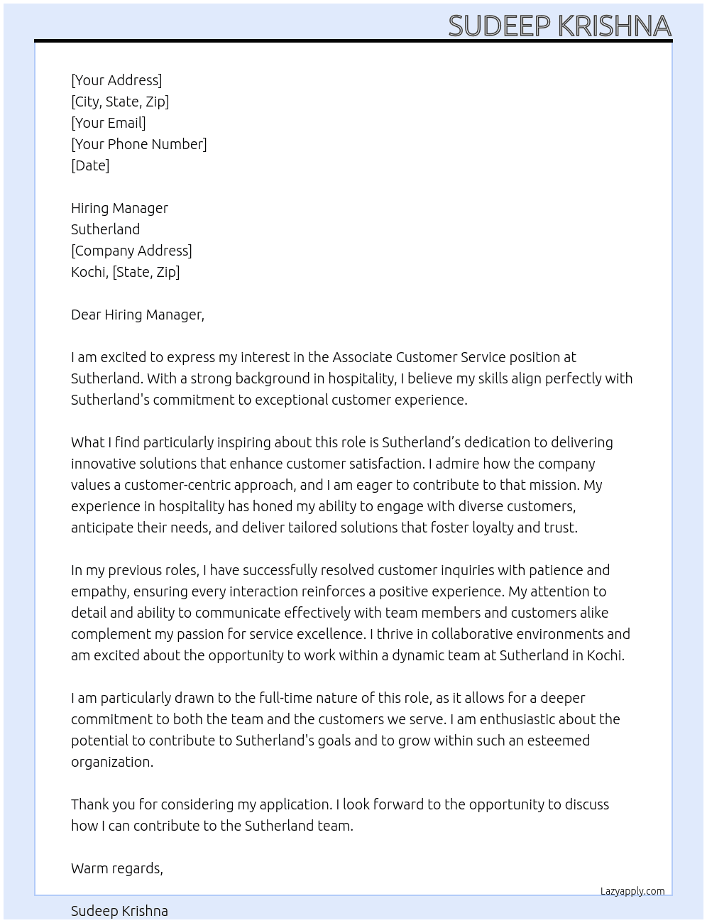 Cover letter for associate customer service - LazyApply