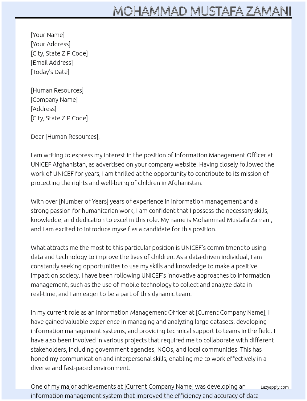 information management officer At UNICEF Afghanistan Cover Letter
