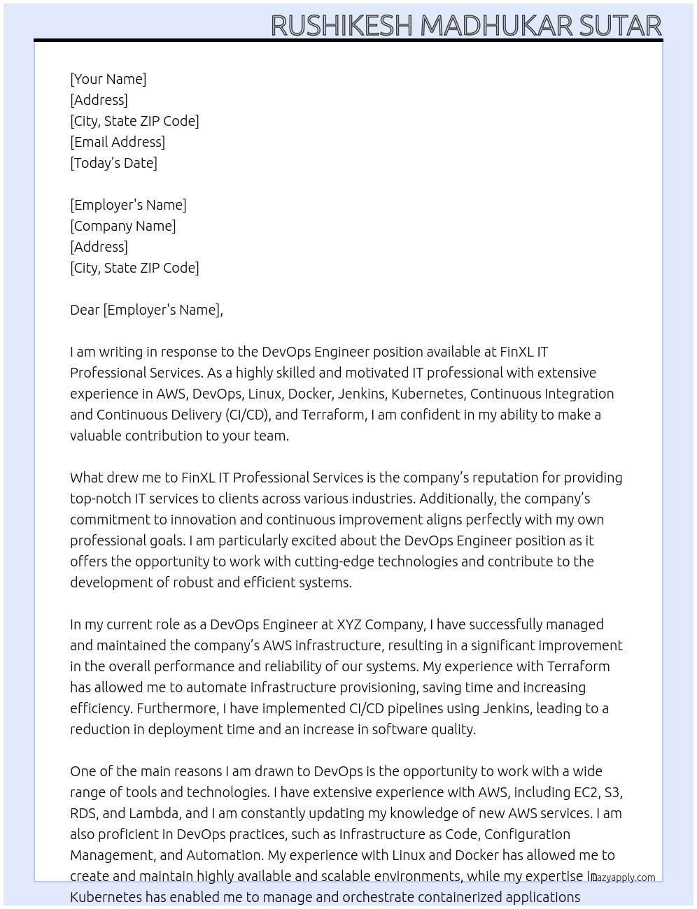 DevOps Engineer  At FinXL IT Professional Services  Cover Letter