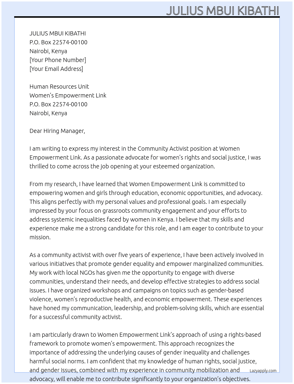 Cover letter for community activist - LazyApply