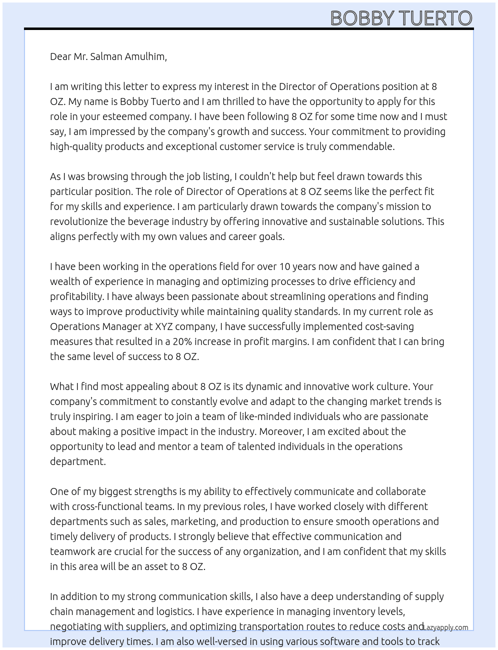 Director of Operations  At 8 OZ Cover Letter
