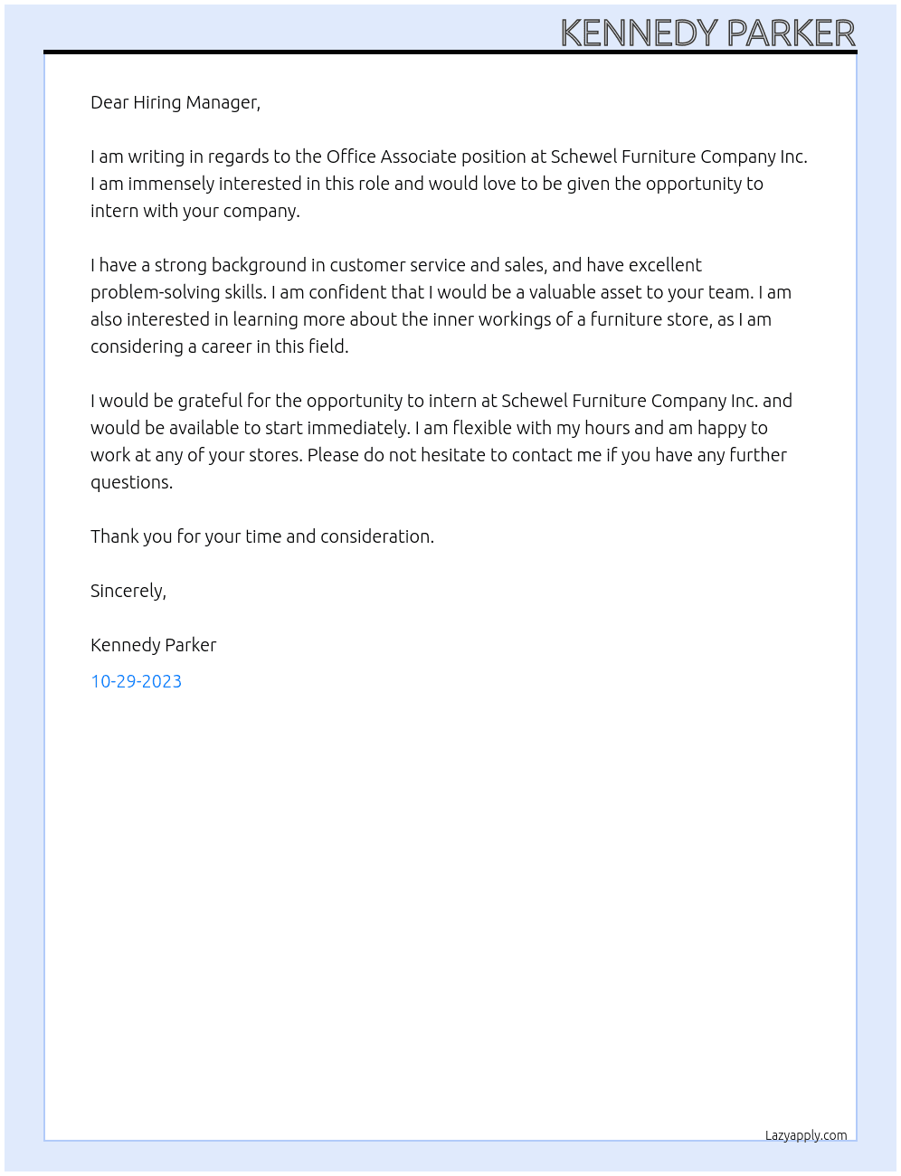 Office Associate  At Schewel Furniture Company Inc Cover Letter