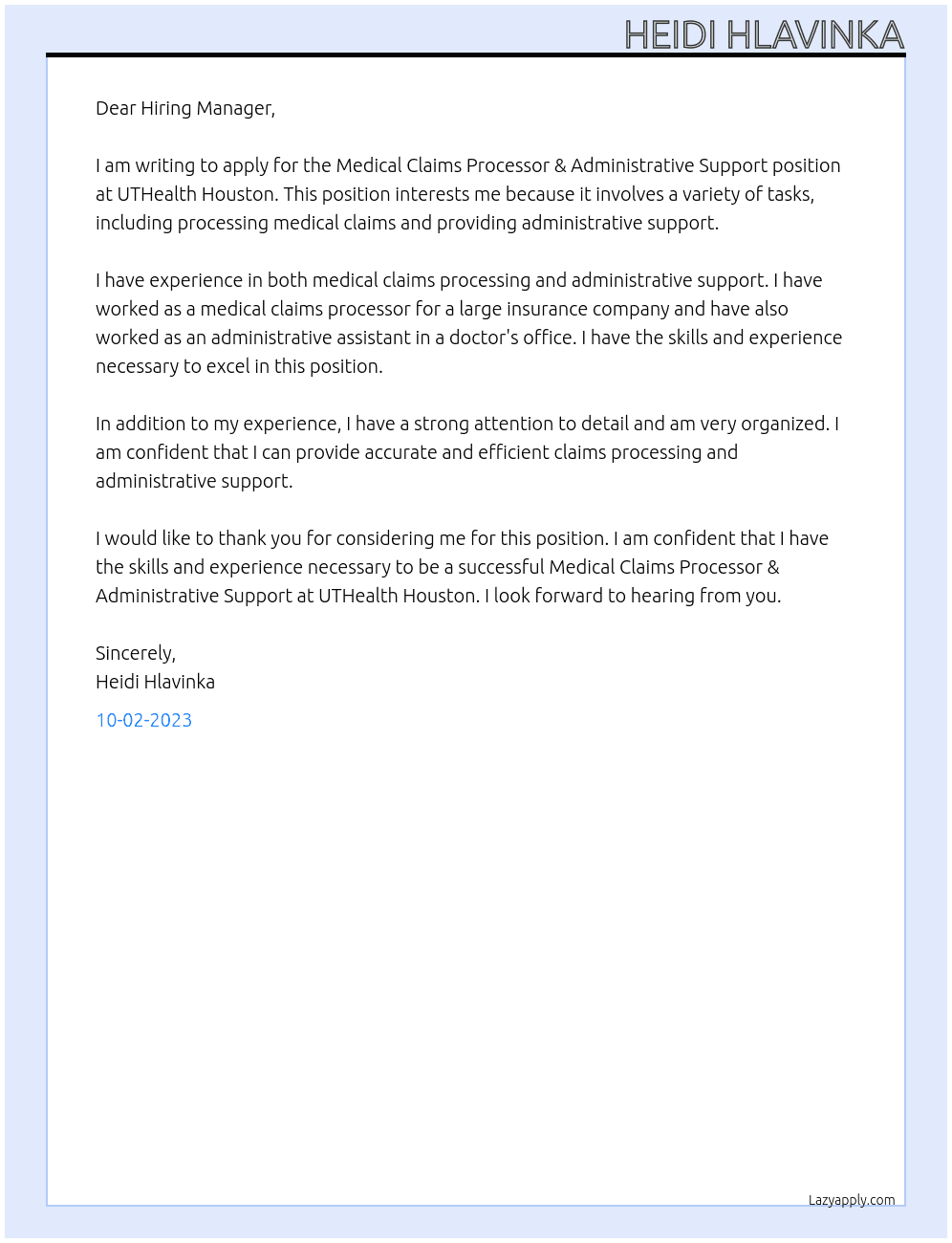 Medical Claims Processor & Administrative Support At UTHealth Houston Cover Letter