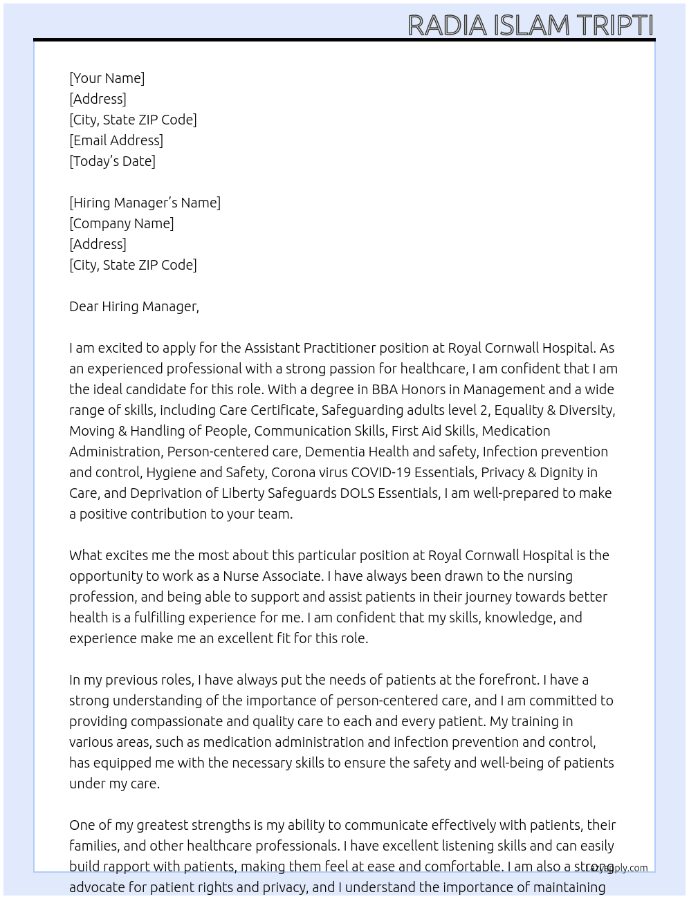 Cover letter for assistant practitioner - LazyApply