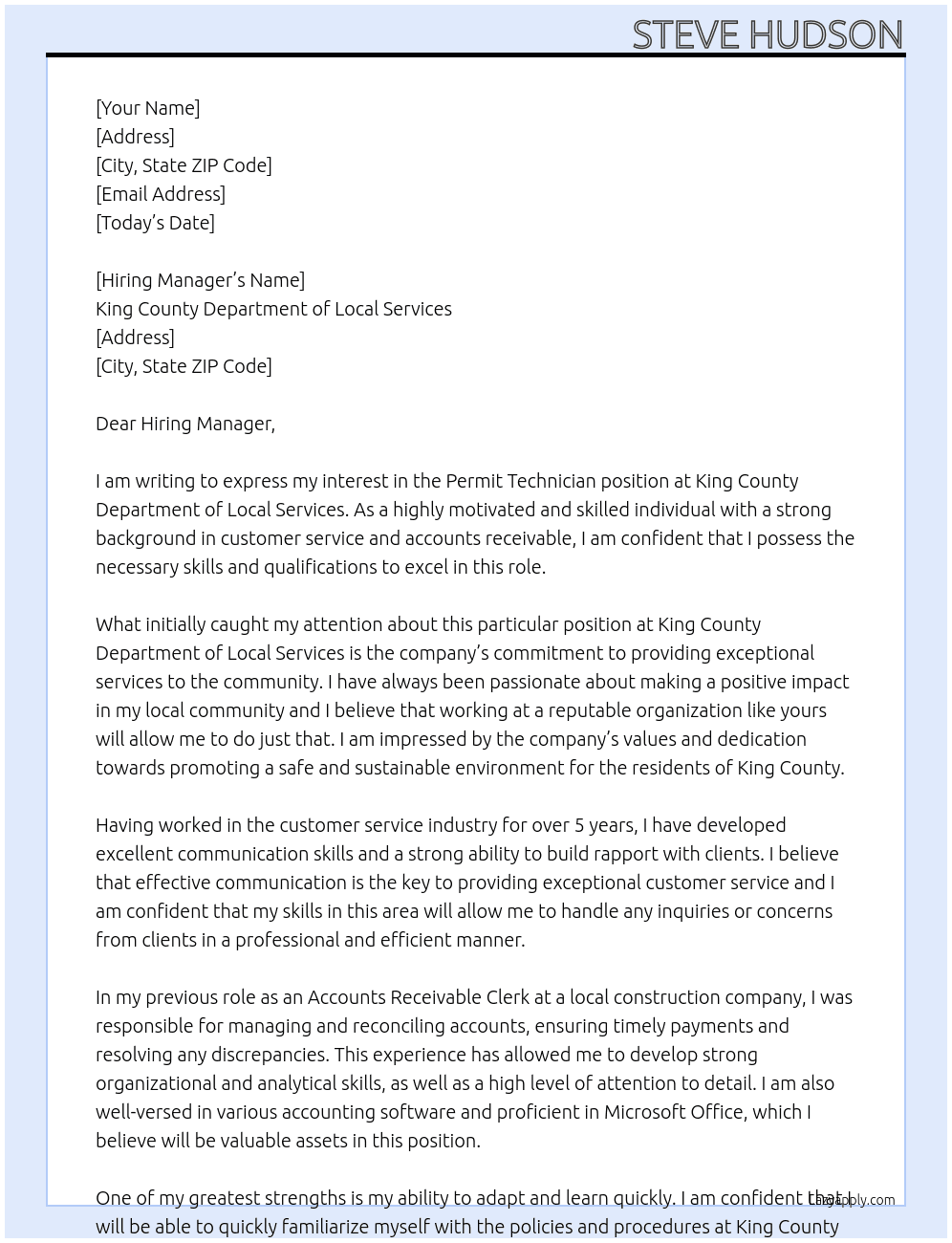 Permit Technician At King County Department of Local Services Cover Letter