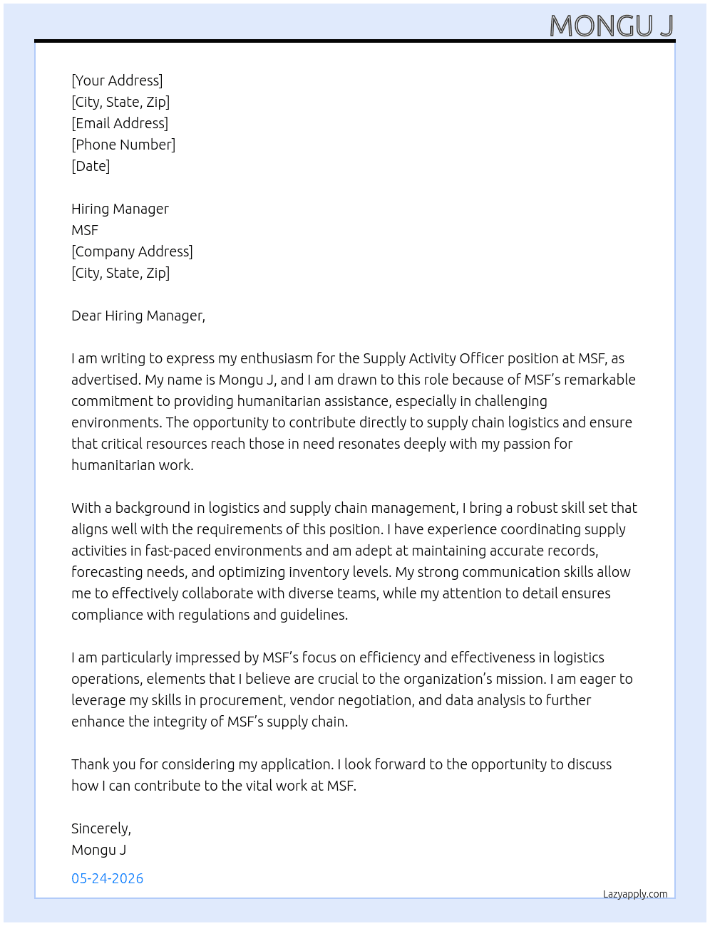 Supply activity officer At MSF Cover Letter