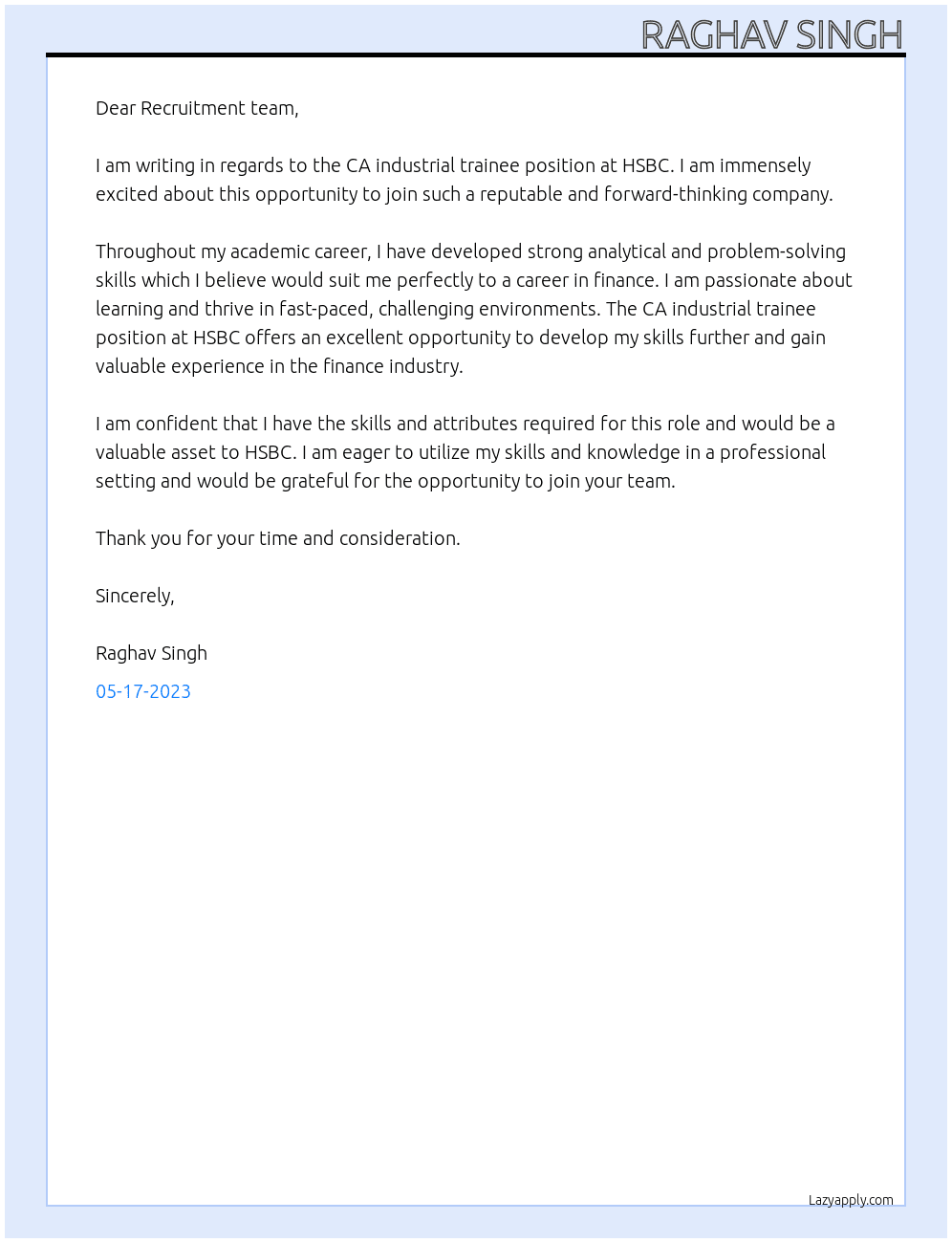 CA industrial trainee At HSBC Cover Letter