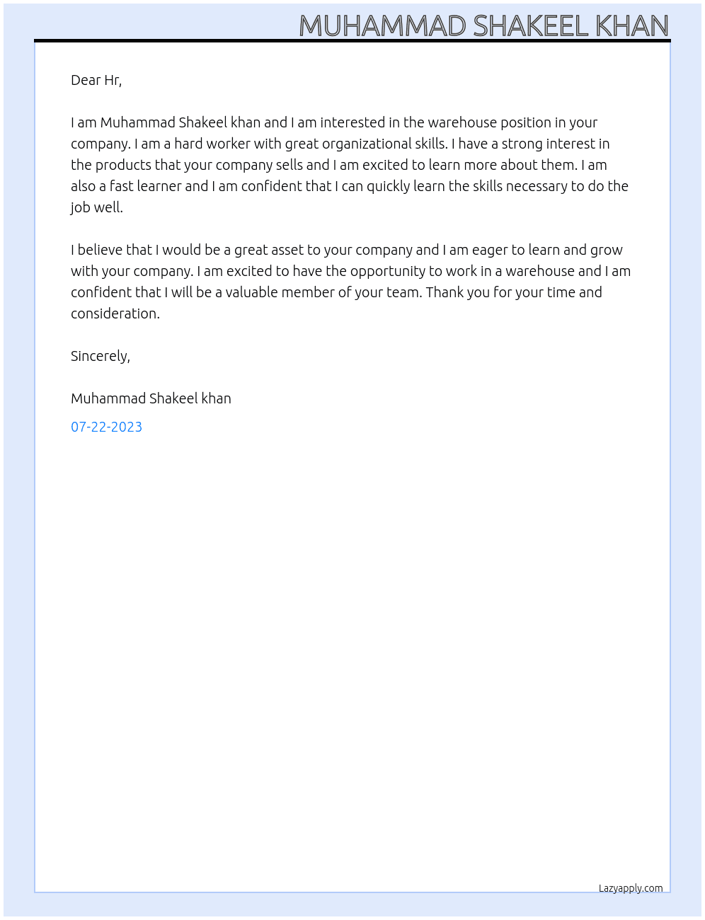 Warehouse  At Your company Cover Letter