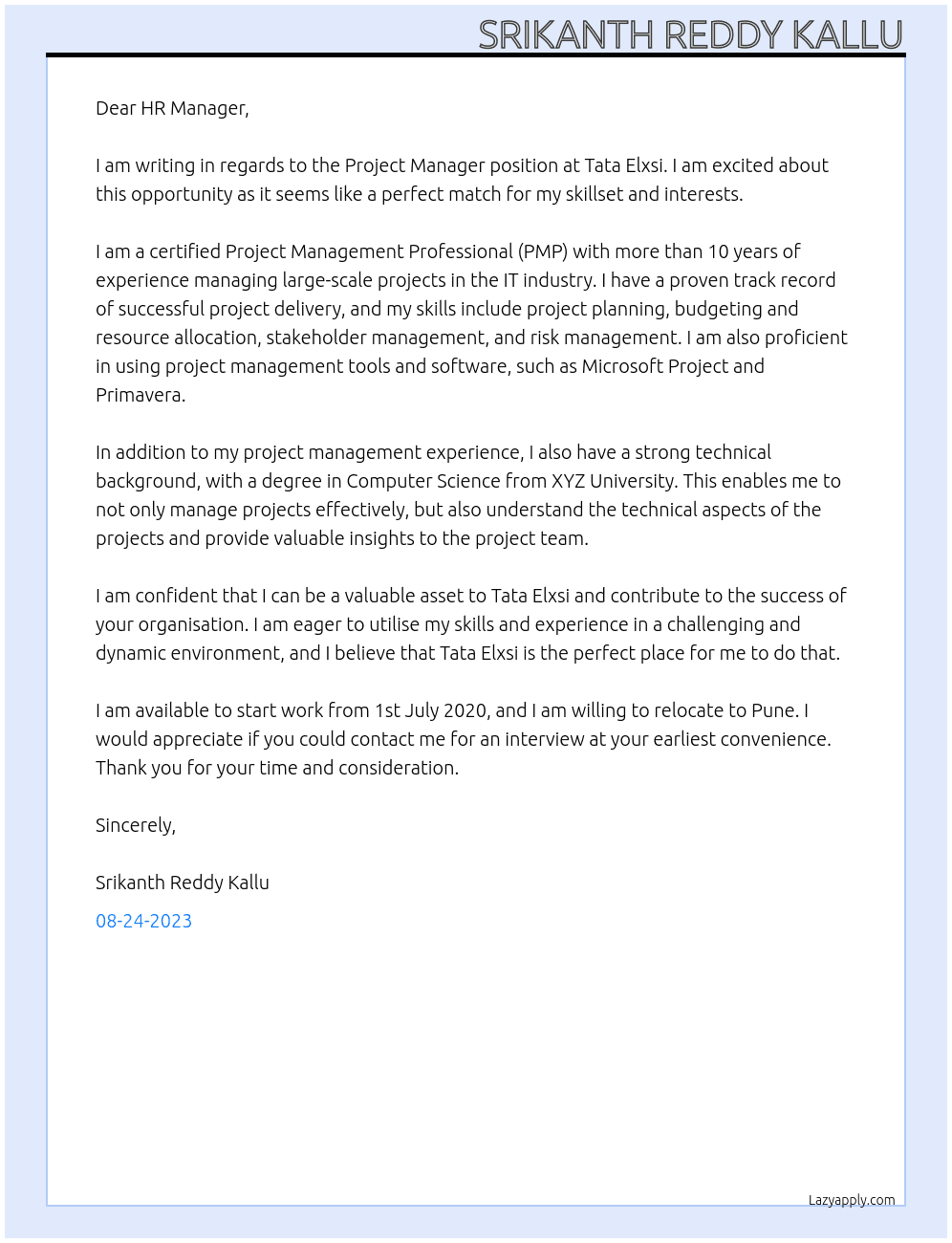 project manager At tata elxsi Cover Letter