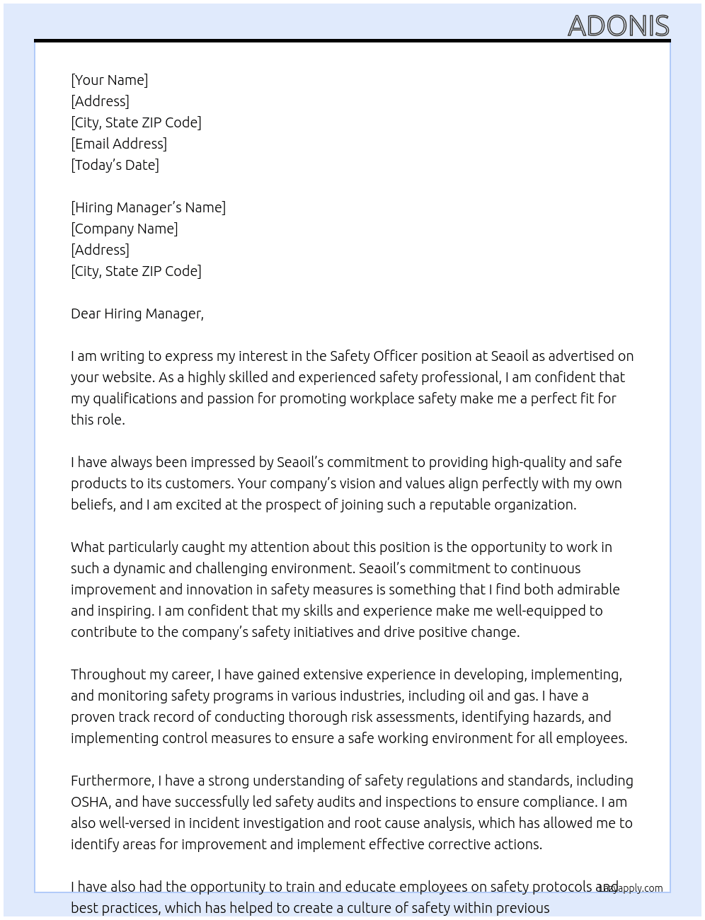 Safety officer At Seaoil Cover Letter