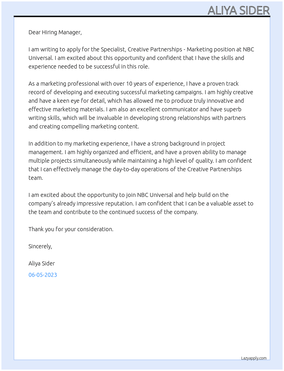 Specialist, Creative Partnerships - Marketing At NBC Universal Cover Letter