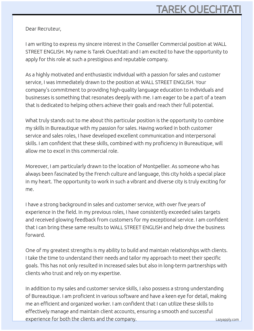 CONSEILLER COMMERCIAL At WALL STREET ENGLISH Cover Letter