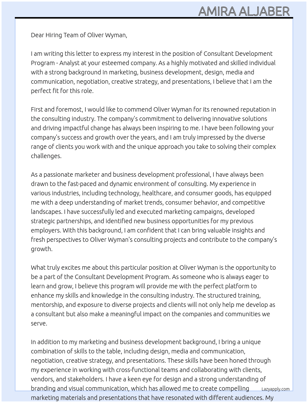 Consultant Development Program - Analyst At Oliver Wyman Cover Letter