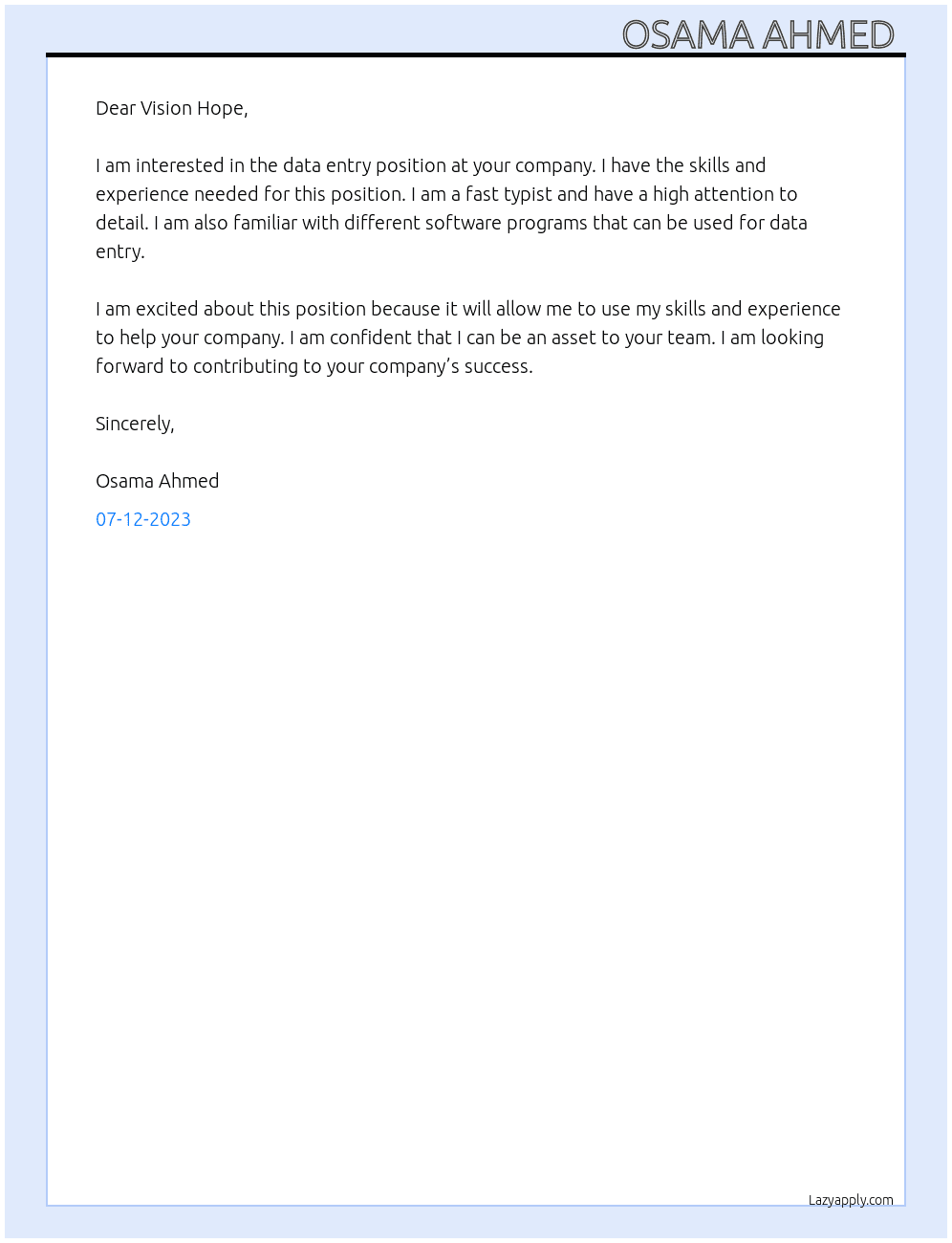 Data Entry  At Vision Hope Cover Letter