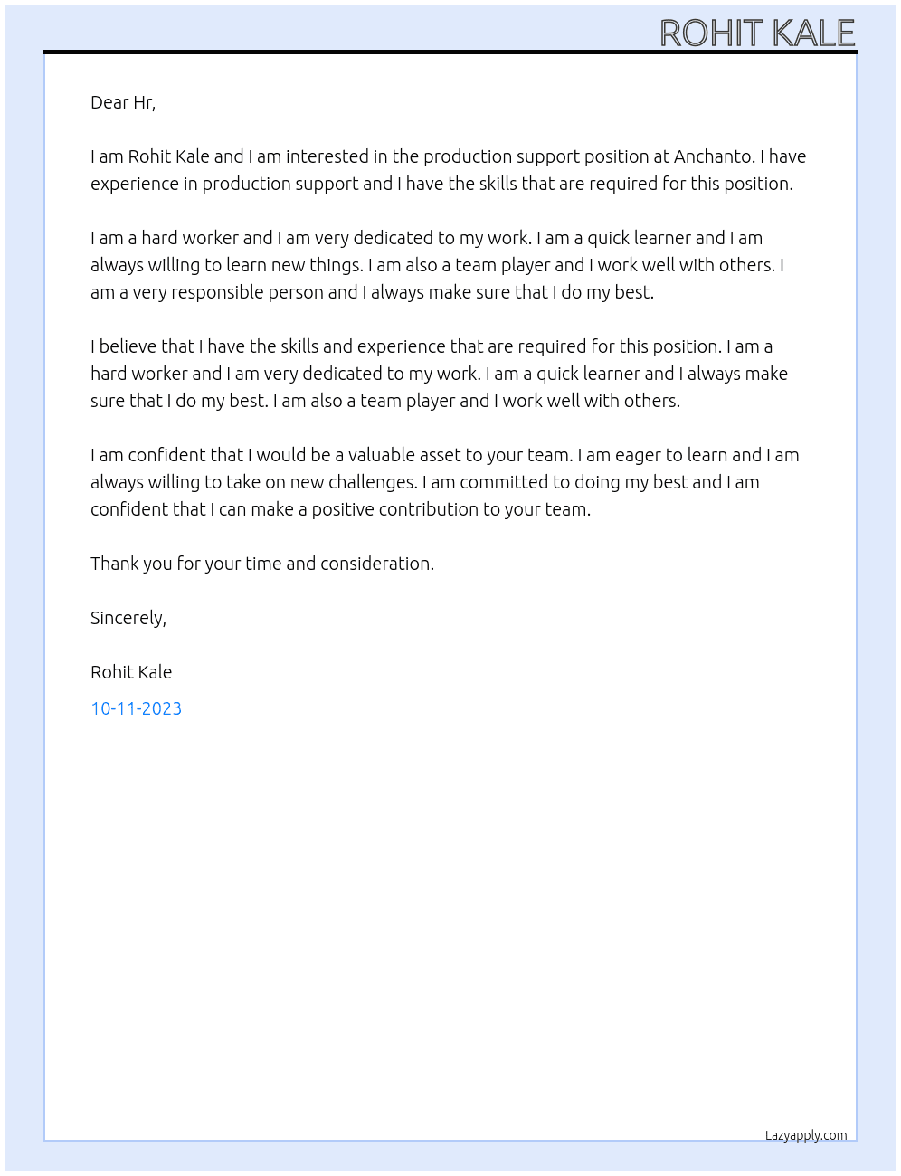 Production support  At Anchanto Cover Letter