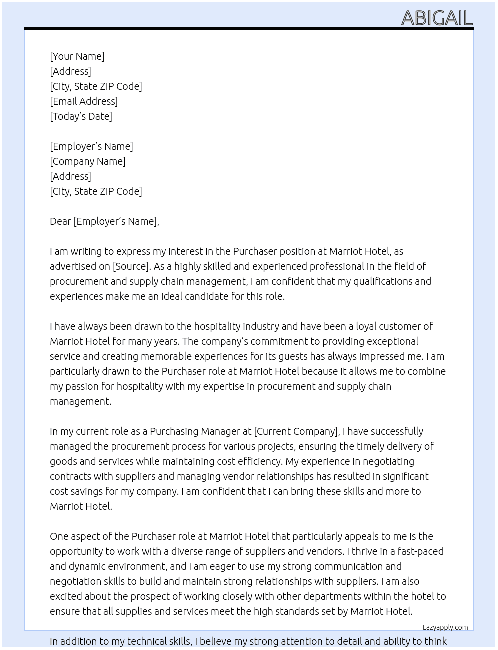 purchaser At Marriot Hotel Cover Letter