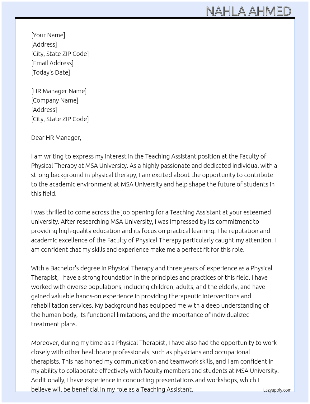 Teaching Assistant at Faculty of Physical Therapy  At MSA University  Cover Letter