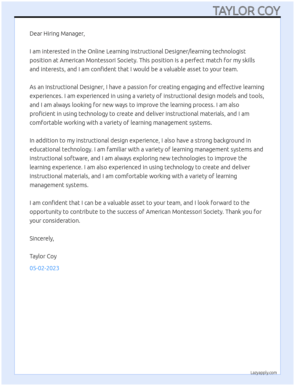 Online Learning Instructional Designer/learning technologist At American Montessori Society Cover Letter