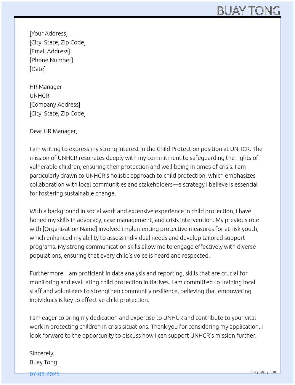 Child Protection At UNHCR Cover Letter