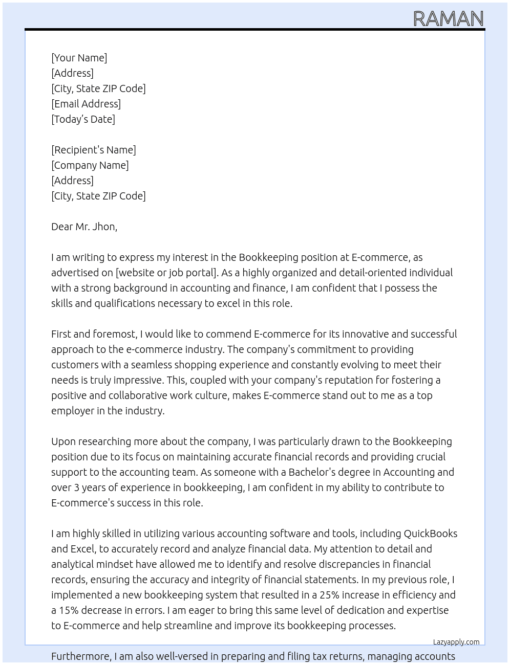 Bookkeeping At E-commerce  Cover Letter