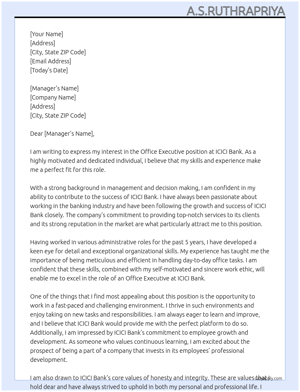 Office Executive  At ICICI bank Cover Letter