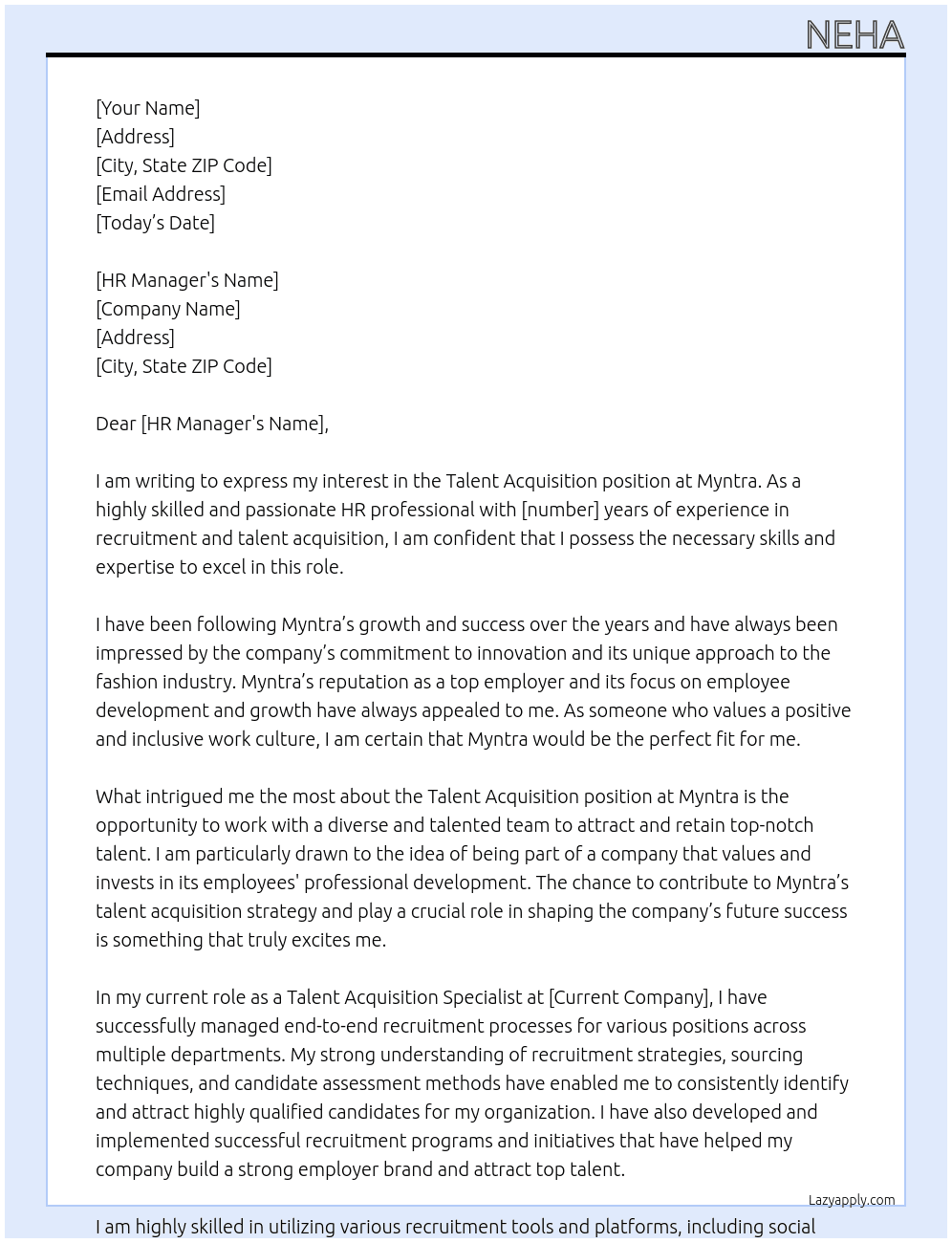 Talent Acquisition At Myntra Cover Letter