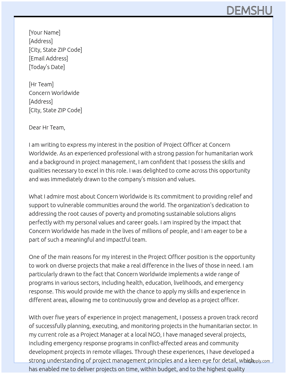 Project officer At Concern Worldwide  Cover Letter