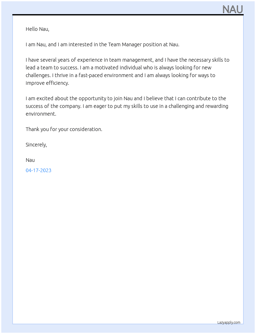 Team Manager At Nau Cover Letter