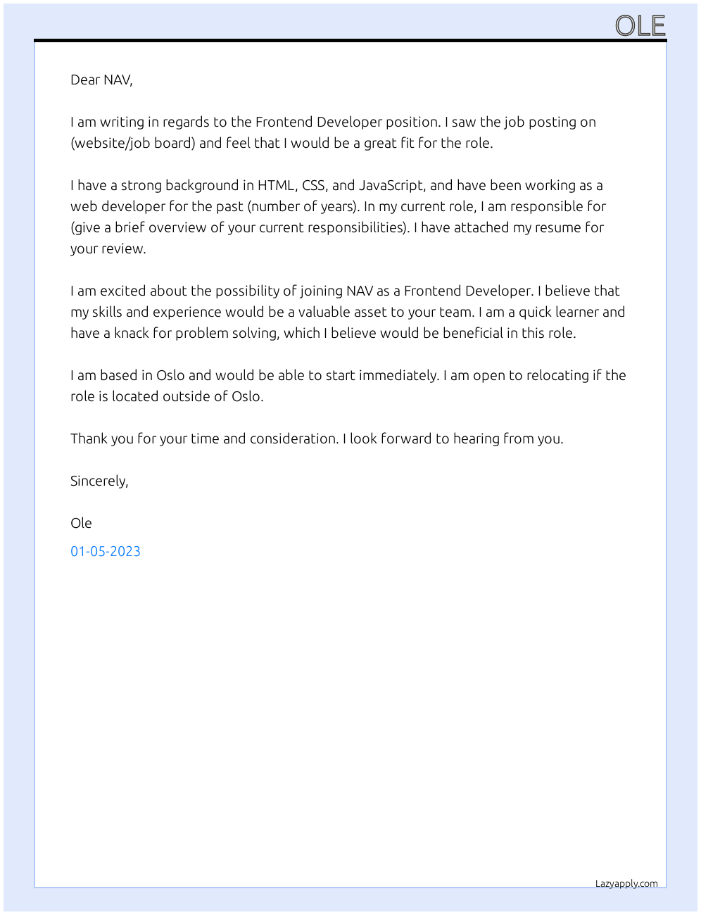 Frontend Developer At NAV Cover Letter