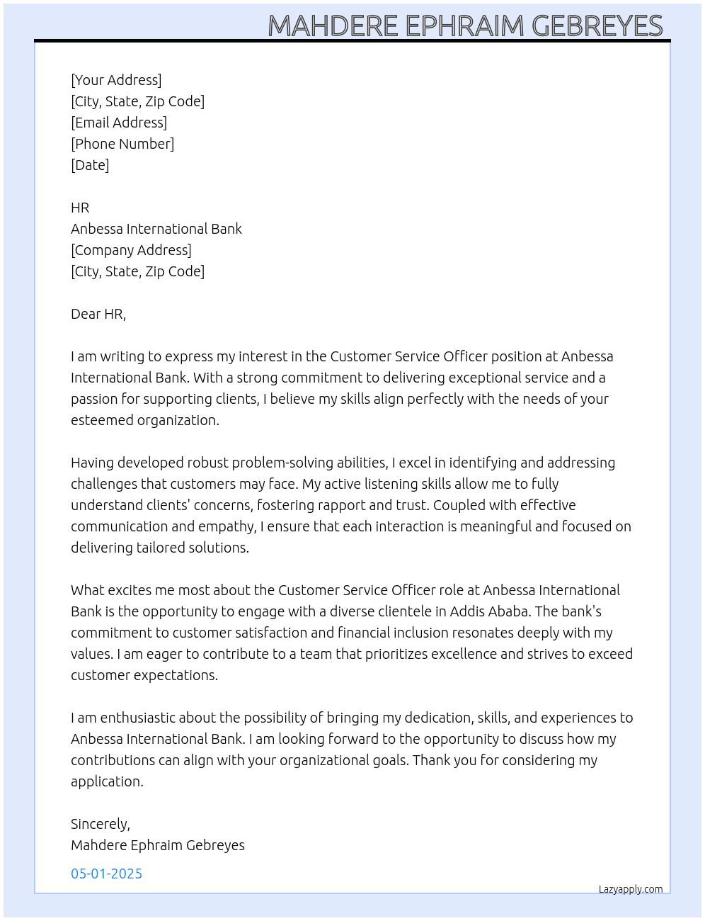 Customer service officer  At Anbessa International Bank Cover Letter