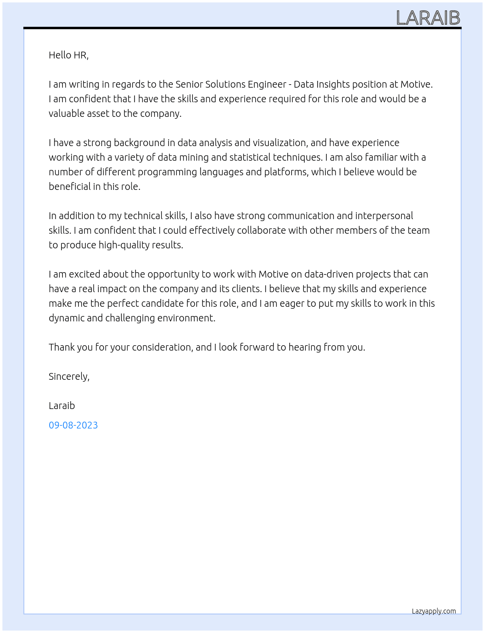 Senior Solutions Engineer - Data Insights At Motive Cover Letter