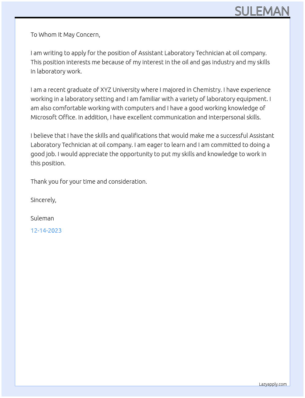 assistant labouratory tecnician At oil company Cover Letter