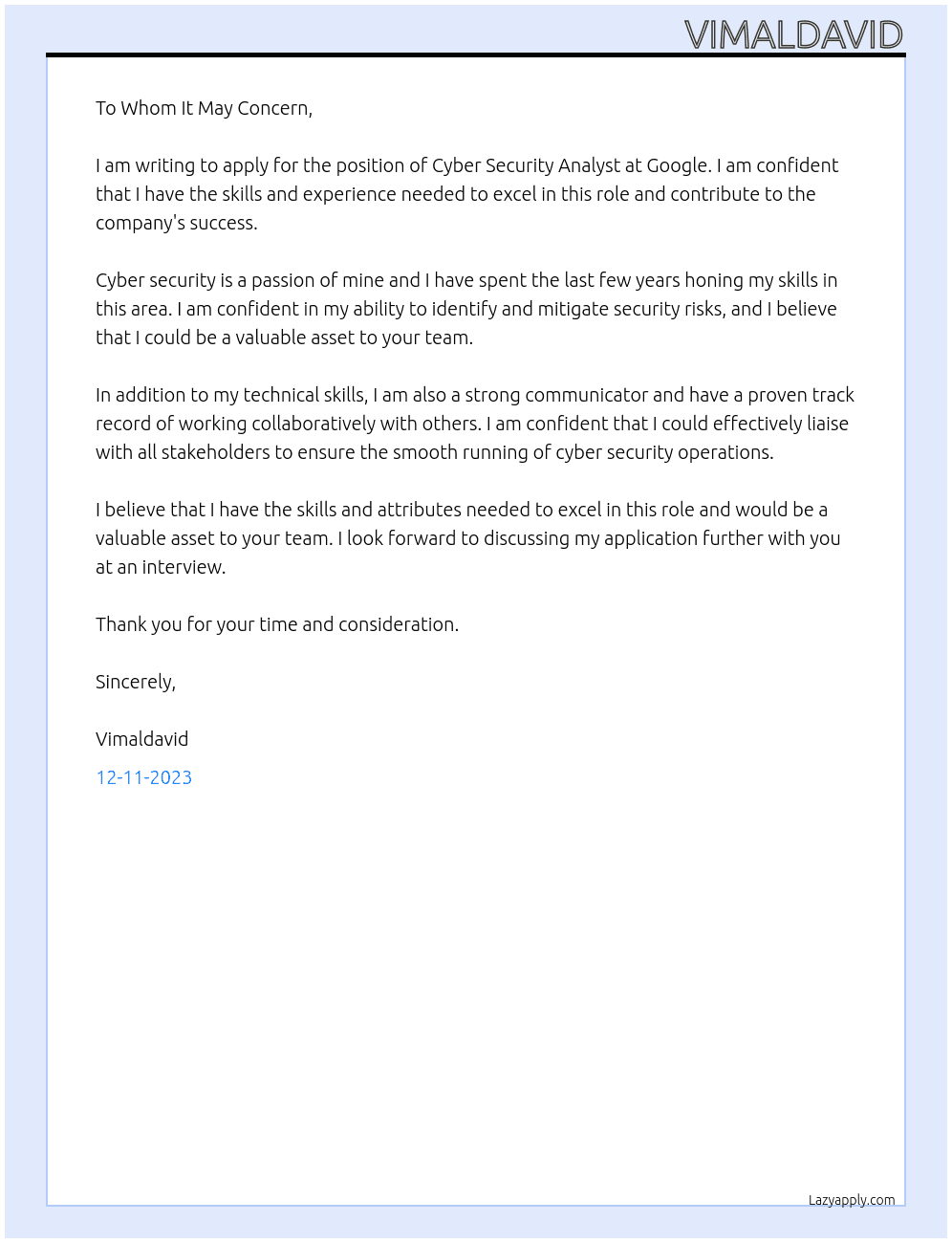 cyber security analyst At Google  Cover Letter