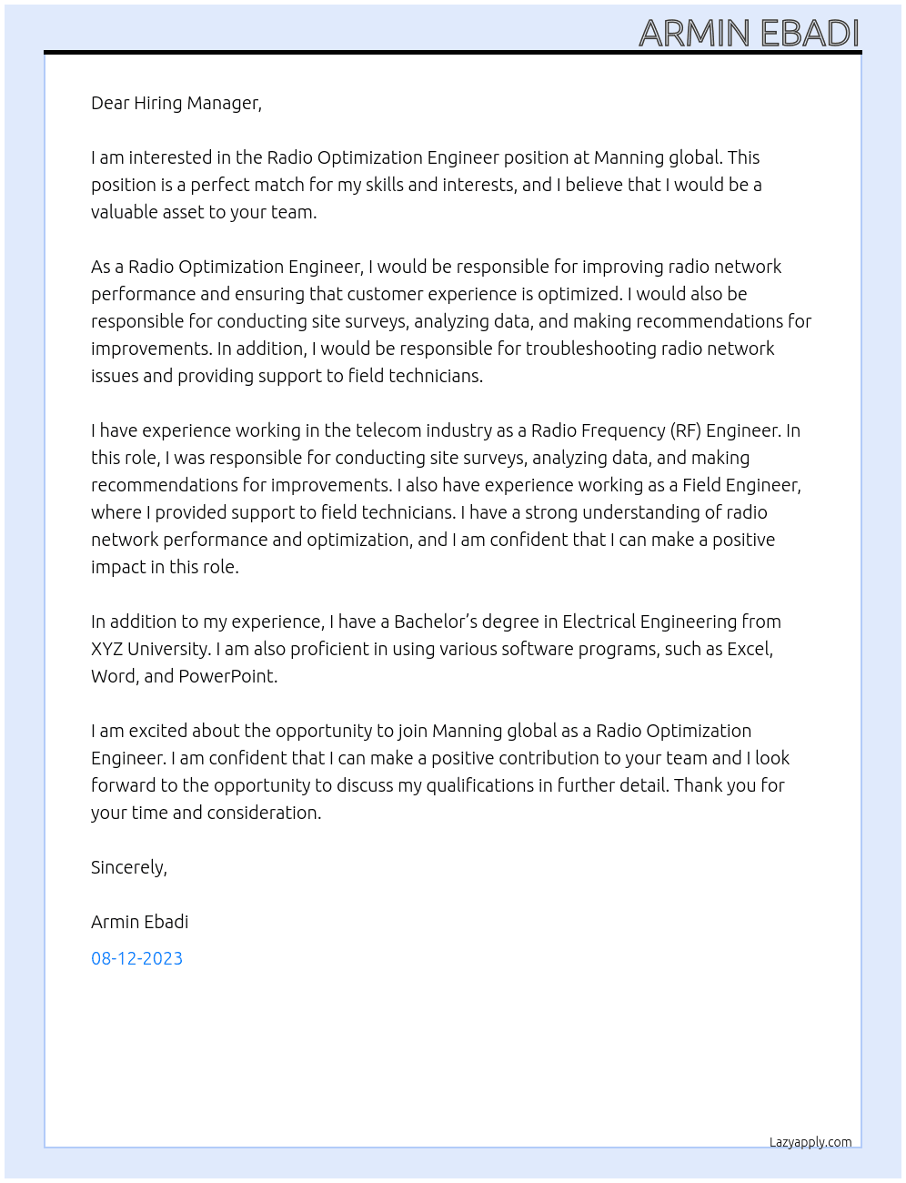 Radio Optimization Engineer At Manning global Cover Letter