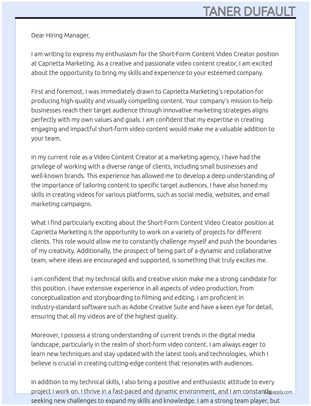 Short-Form Content Video Creator At Caprietta Marketing Cover Letter