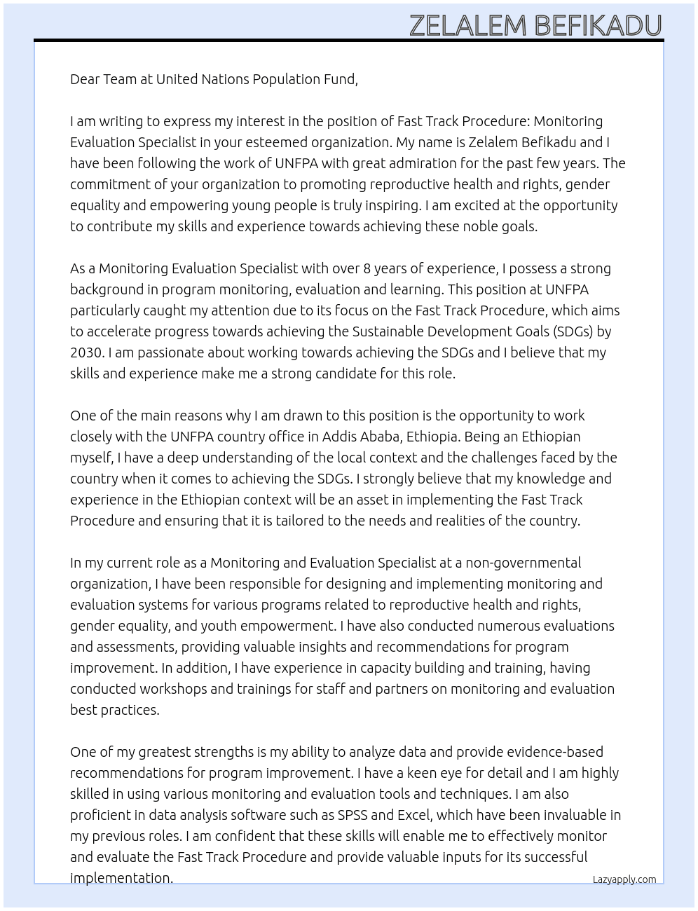 Fast Track Procedure: Monitoring Evaluation Specialist, Addis Ababa, Ethiopia At United Nations Population Fund Cover Letter