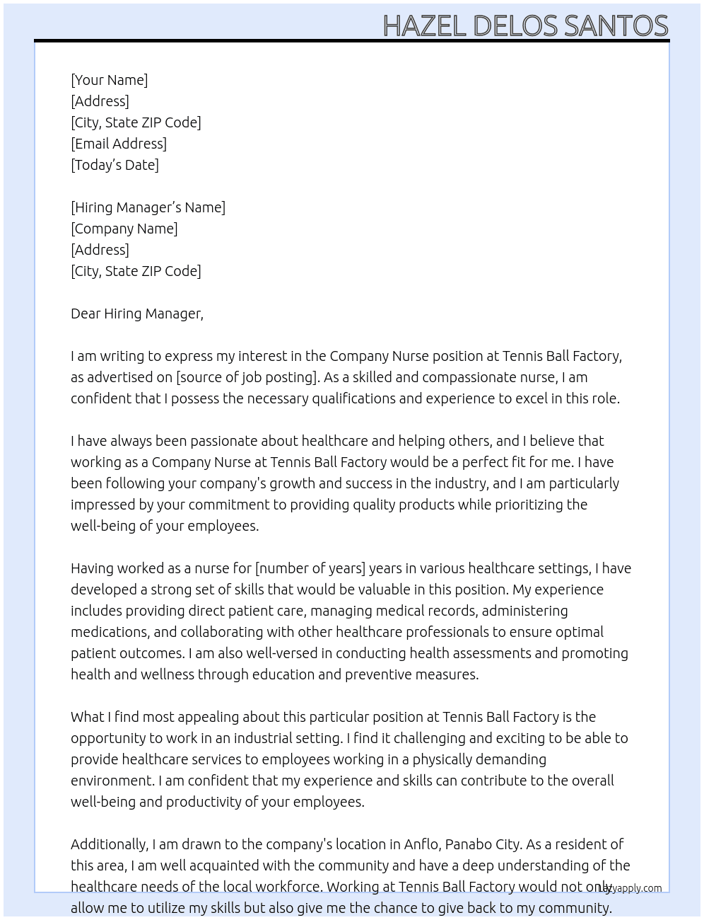 Company Nurse At Tennis Ball Factory Cover Letter