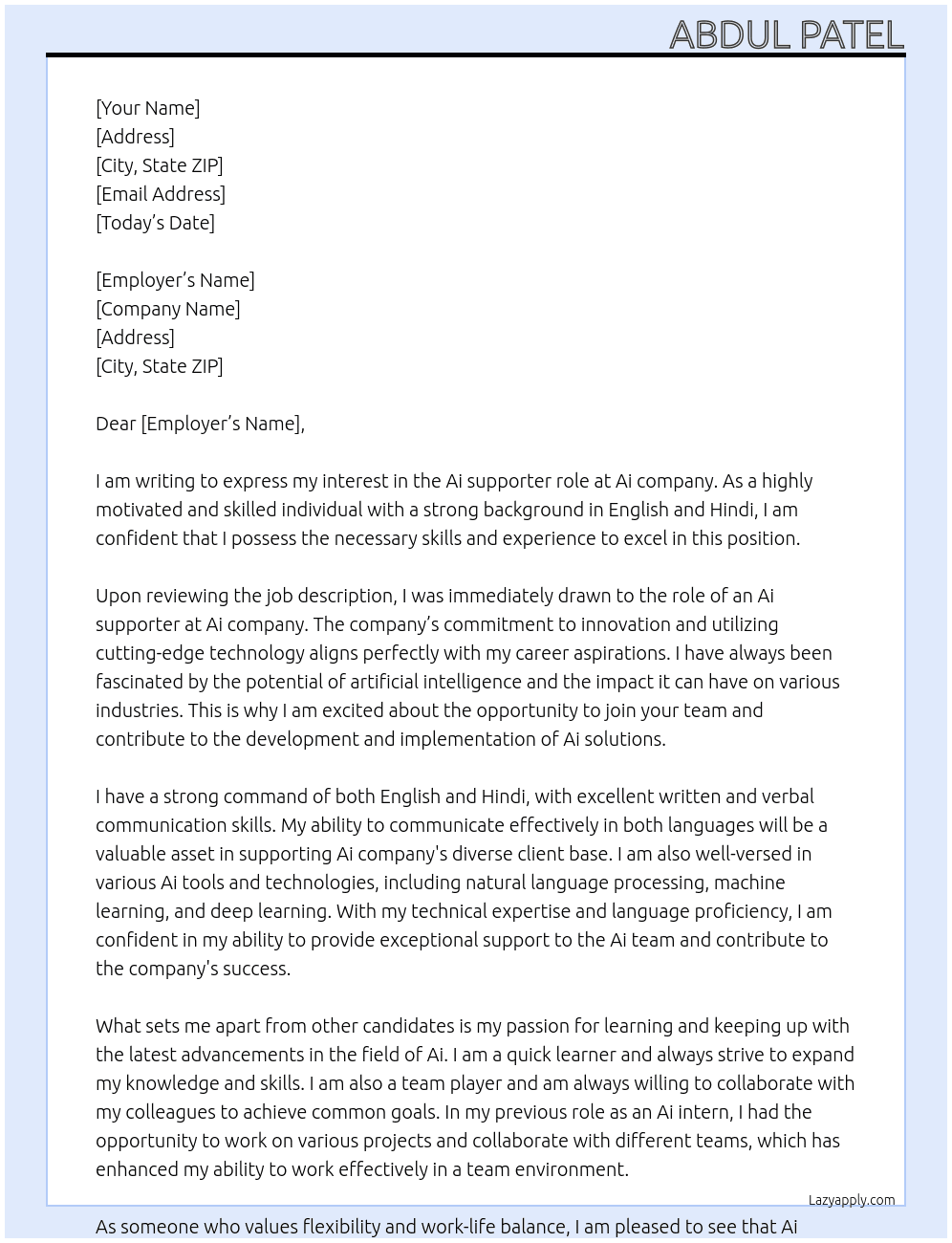 Ai supporter  At Ai company  Cover Letter