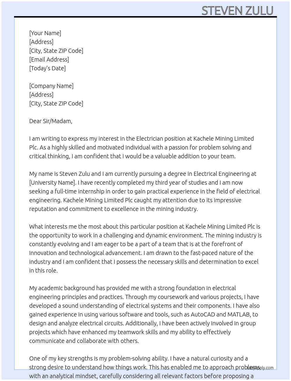 Electrician  At Kachele mining limited Plc  Cover Letter