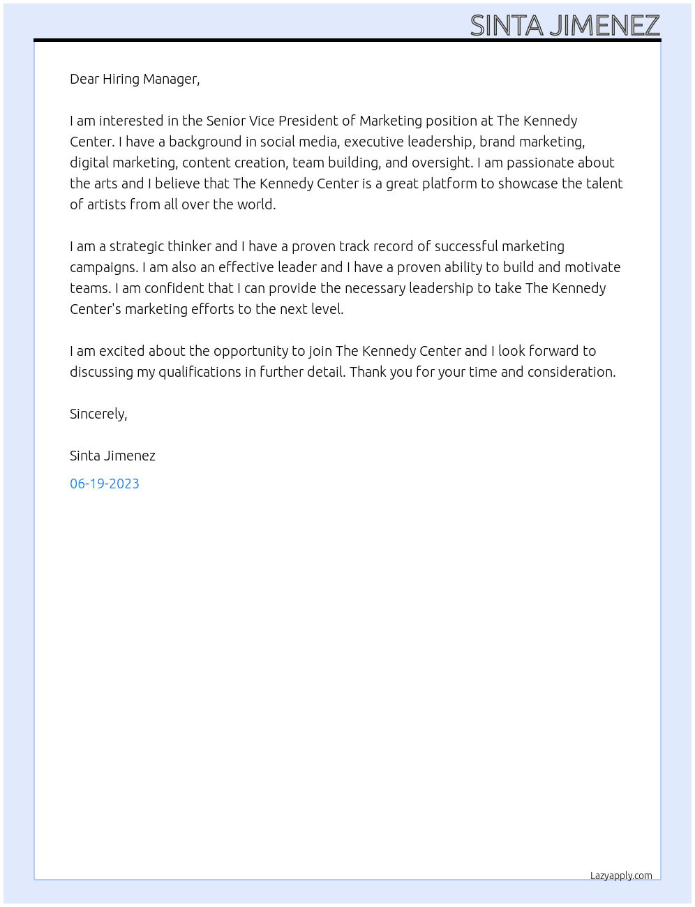 Senior Vice President of Marketing At The Kennedy Center Cover Letter