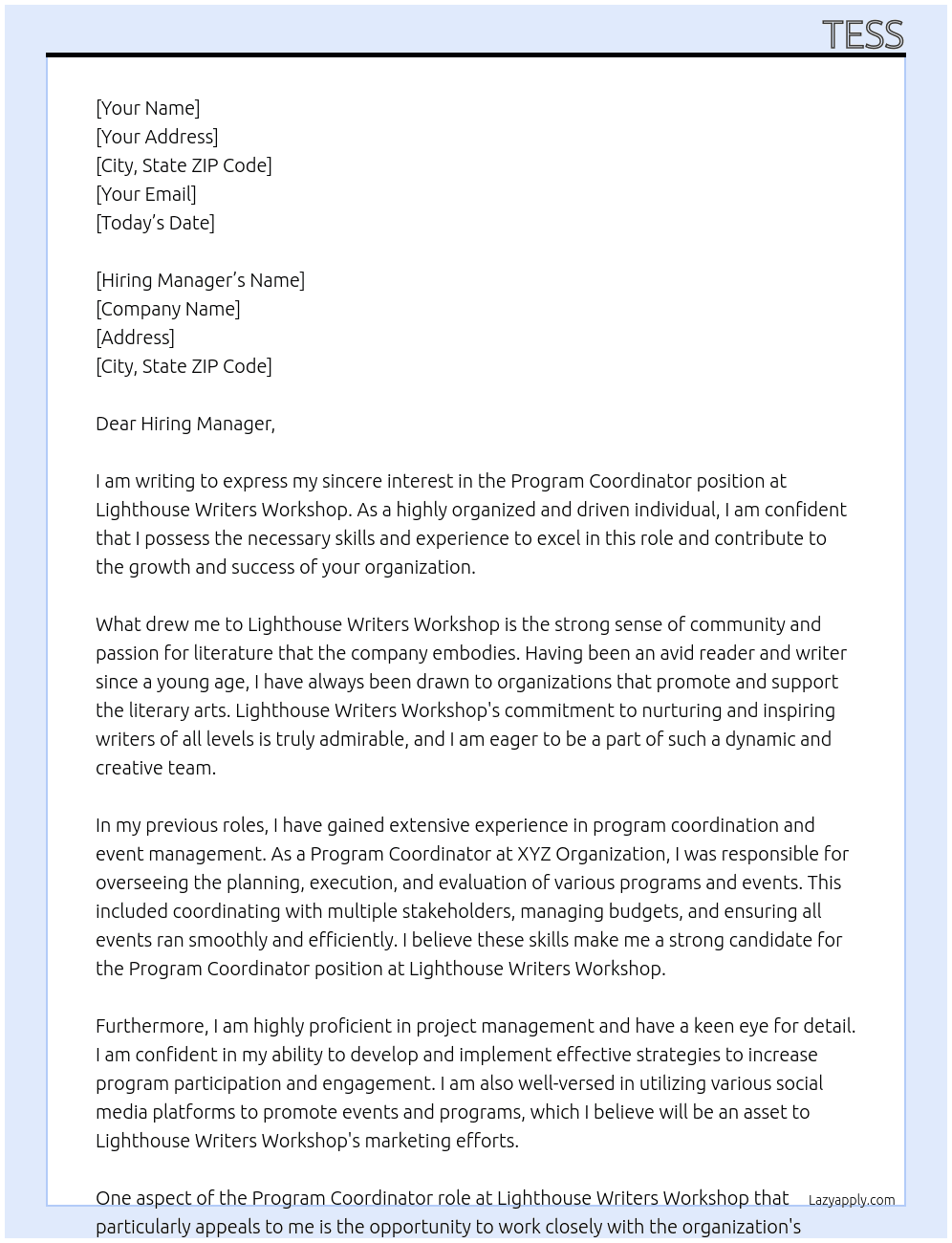 Program Coordinator  At Lighthouse Writers Workshop Cover Letter