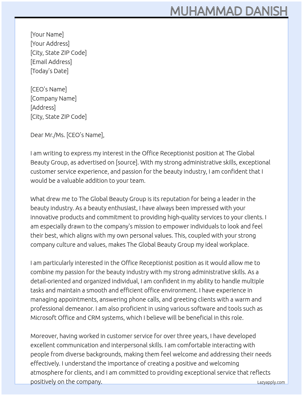 Office Receptionist At The Global Beauty Group Cover Letter