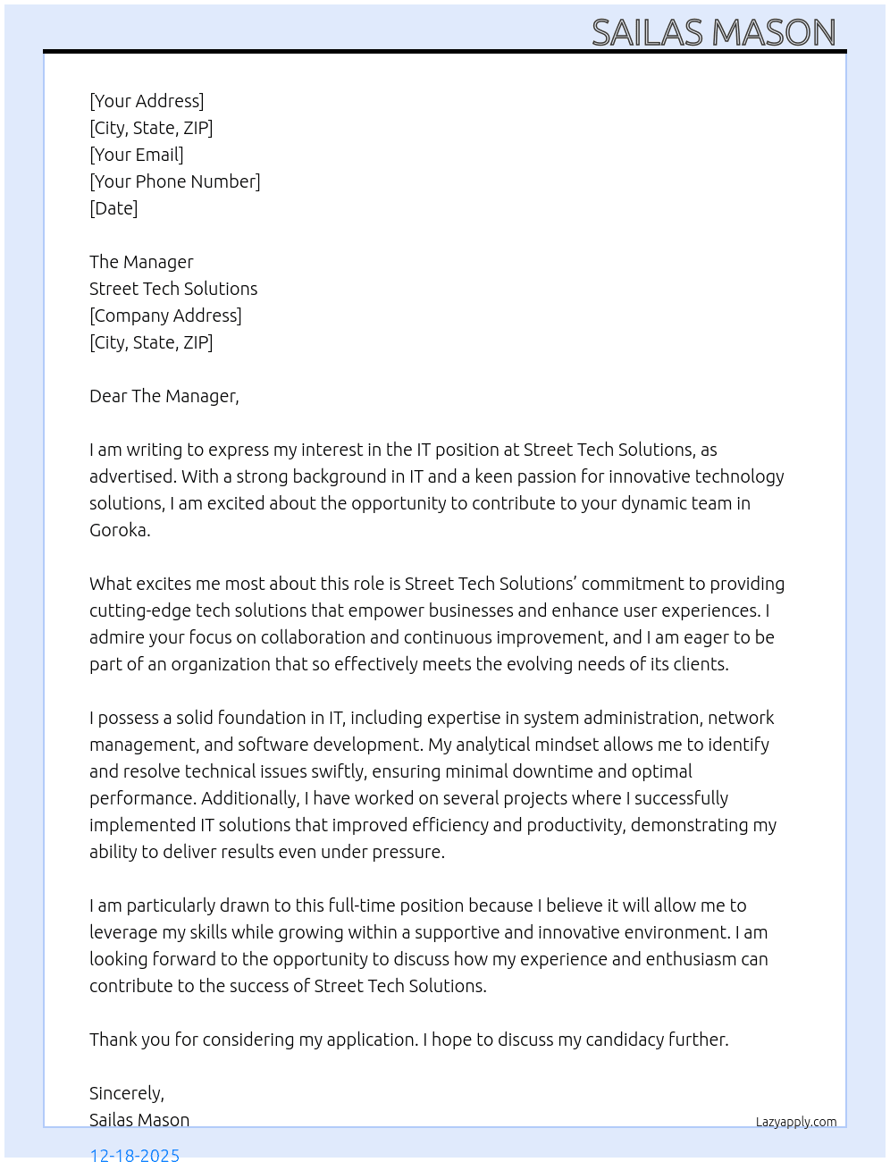 IT At Street Tech Solutions  Cover Letter