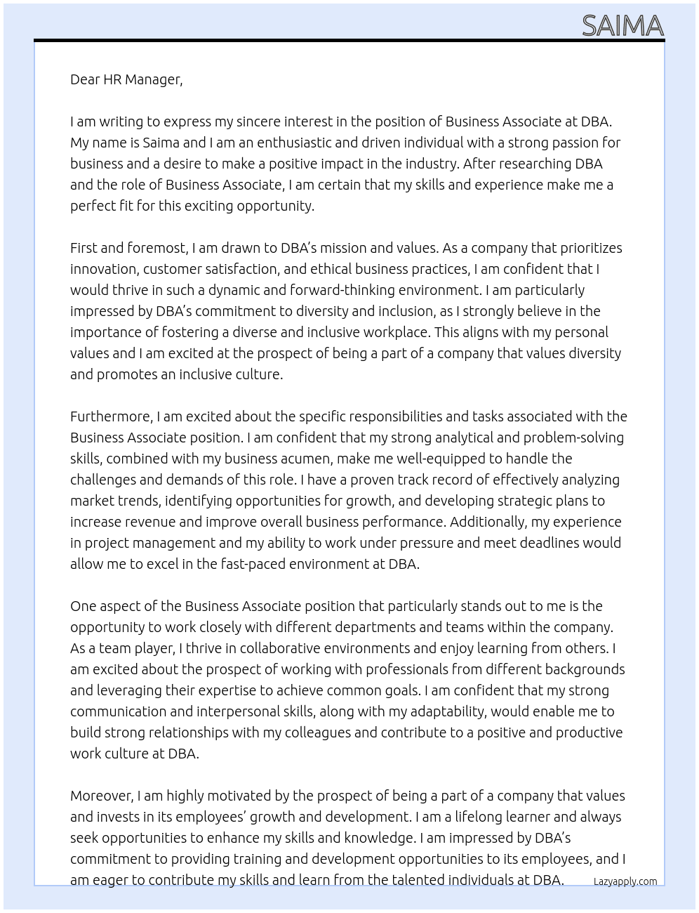 BUSINESS ASSOCIATE At DBA Cover Letter