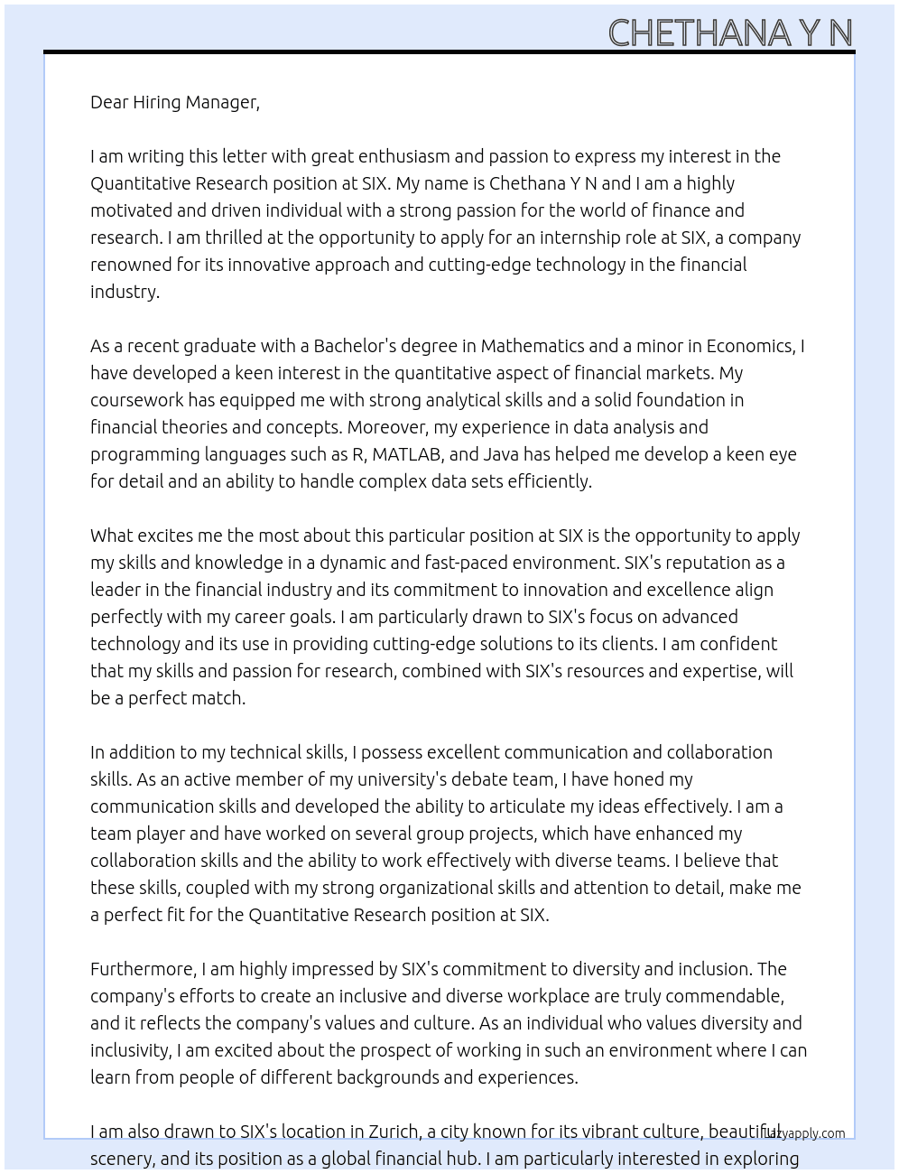 Cover letter for quantitative research - LazyApply